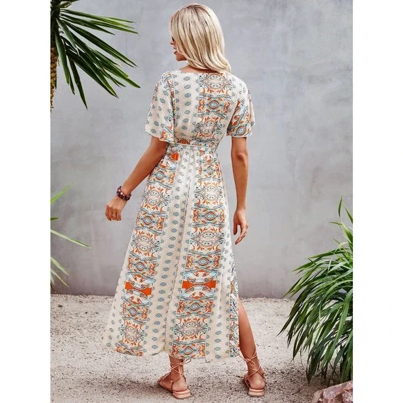 VCAY Allover Print Butterfly Sleeve Split Side Belted Dress - Picture 8 of 11
